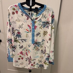 Talbots Floral Blouse with Blue Trim